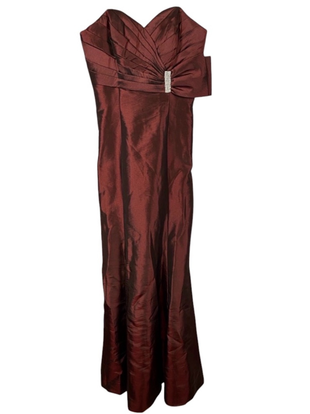 Burgundy Satin Strapless Rhinestone Detail Maxi Formal Bridesmaid Prom Dress XS